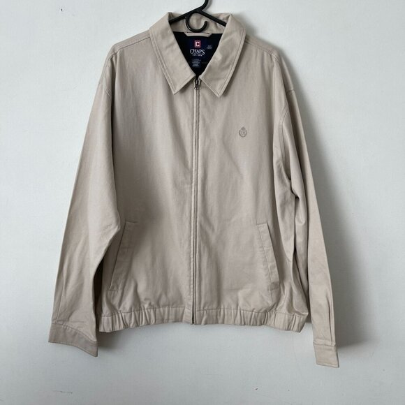 Chaps XL Beige Zip Up Bomber Field Utility Jacket Collar Embroidered Crest Logo - Picture 1 of 8